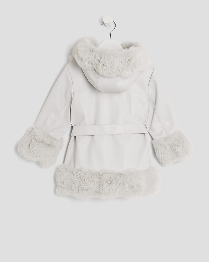 Mini Girls Grey Faux Fur Wrap Hooded Coat
