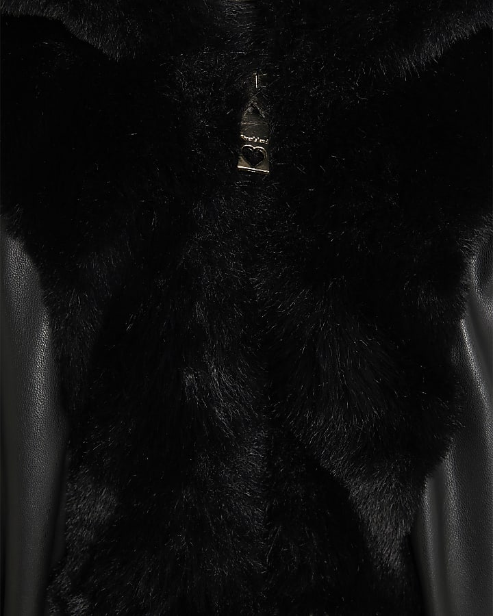 Girls Black Faux Fur Wrap Hooded Coat