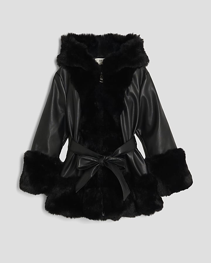 Girls Black Faux Fur Wrap Hooded Coat
