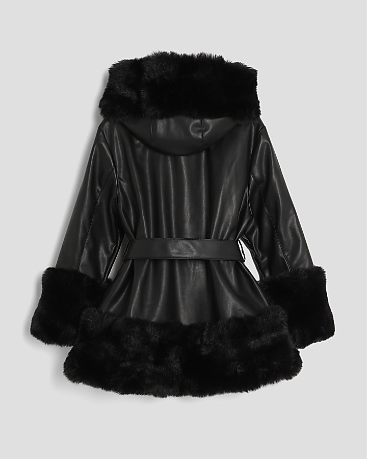 Girls Black Faux Fur Wrap Hooded Coat
