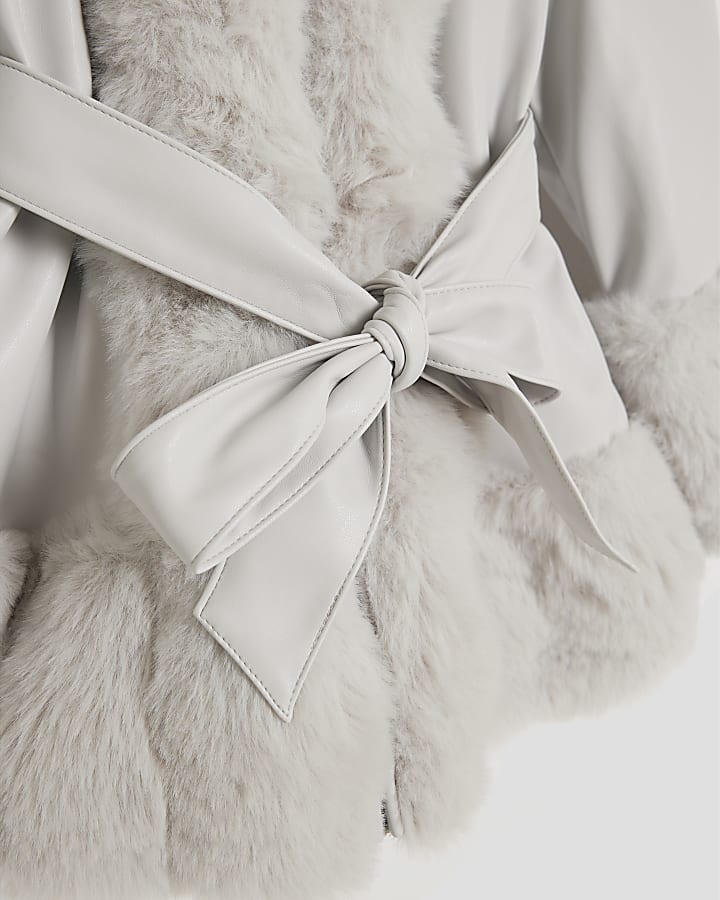 Girls Grey Faux Fur Wrap Hooded Coat