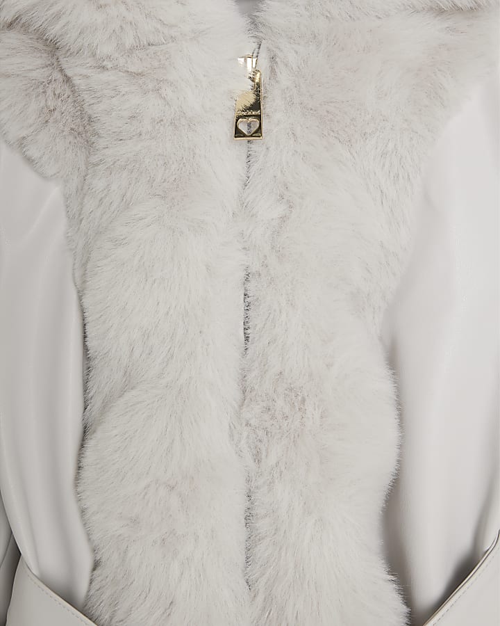 Girls Grey Faux Fur Wrap Hooded Coat