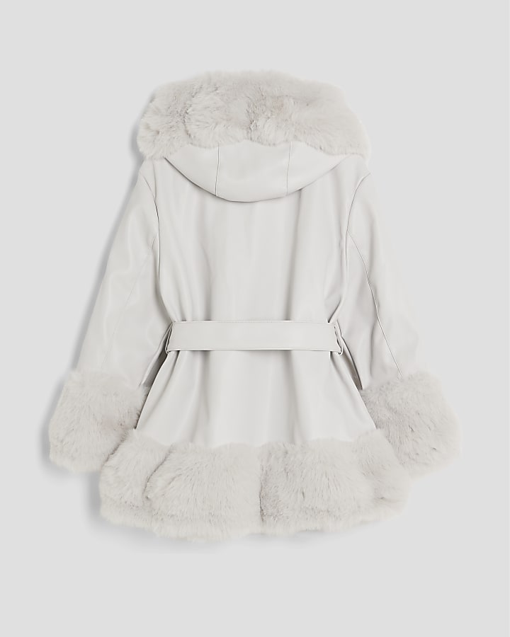 Girls Grey Faux Fur Wrap Hooded Coat