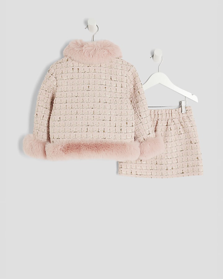 Mini Girls Pink Faux Fur Boucle Jacket Set