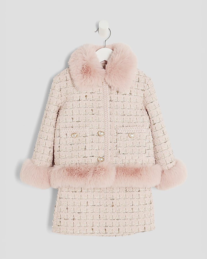 Mini Girls Pink Faux Fur Boucle Jacket Set