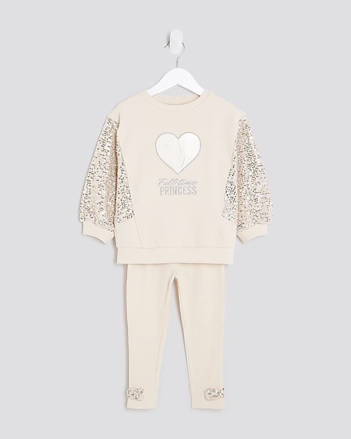 Mini Girls Beige Sequin Hybrid Sweatshirt Set