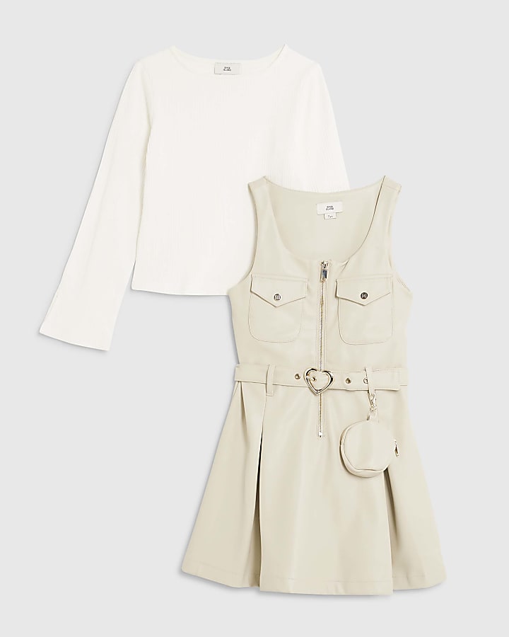 Girls Cream Faux Leather Pinafore Dress Set