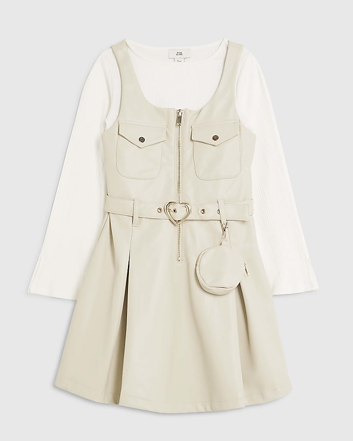 Girls Cream Faux Leather Pinafore Dress Set