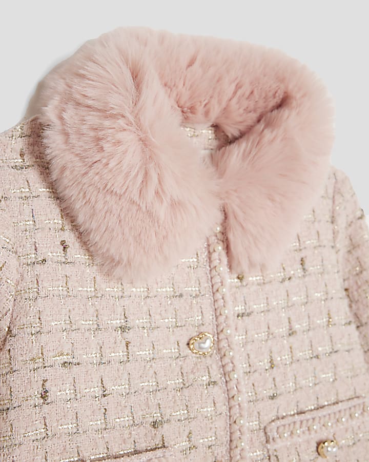Girls Pink Faux Fur Boucle Jacket