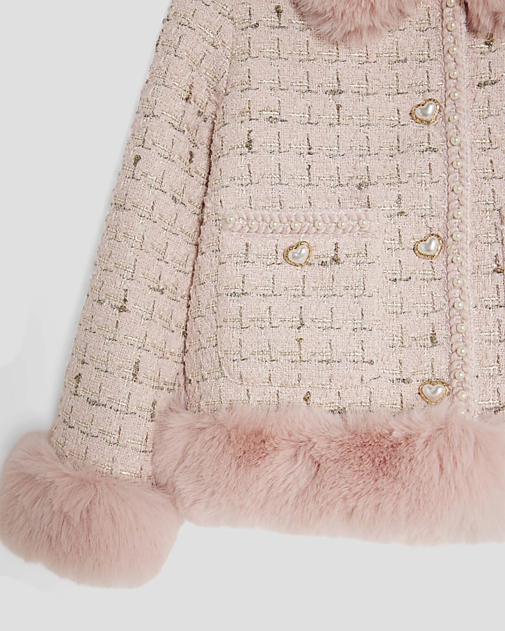 Girls Pink Faux Fur Boucle Jacket