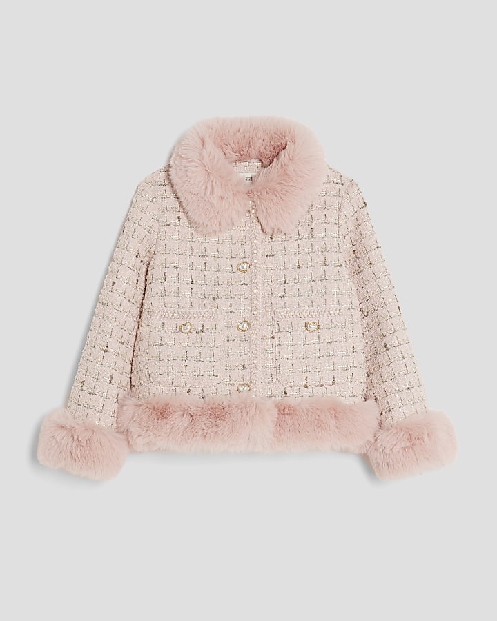Girls Pink Faux Fur Boucle Jacket