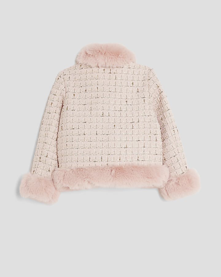 Girls Pink Faux Fur Boucle Jacket