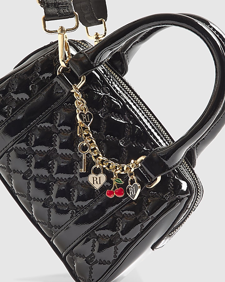 Girls Black Patent Charm Chain Bowler Bag