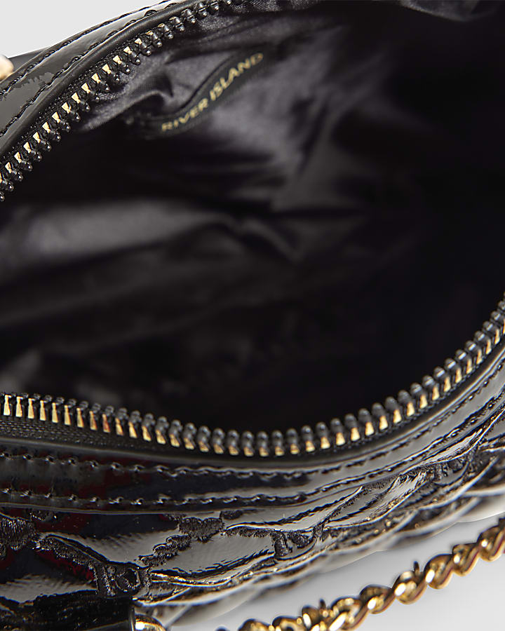 Girls Black Patent Charm Chain Bowler Bag
