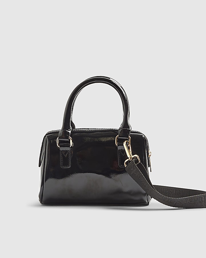 Girls Black Patent Charm Chain Bowler Bag