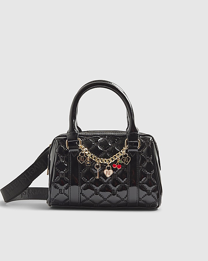 Girls Black Patent Charm Chain Bowler Bag