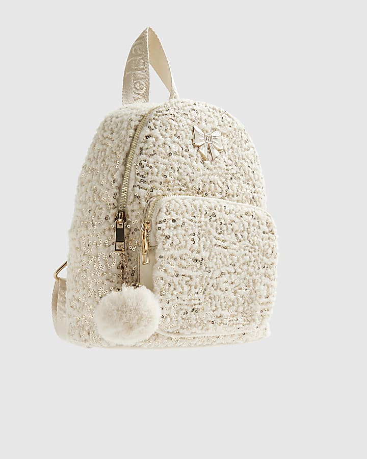 Girls Cream Borg Sequin Backpack