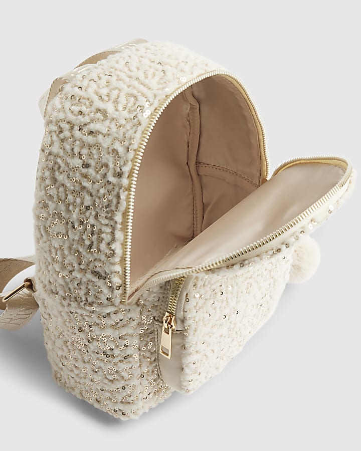 Girls Cream Borg Sequin Backpack
