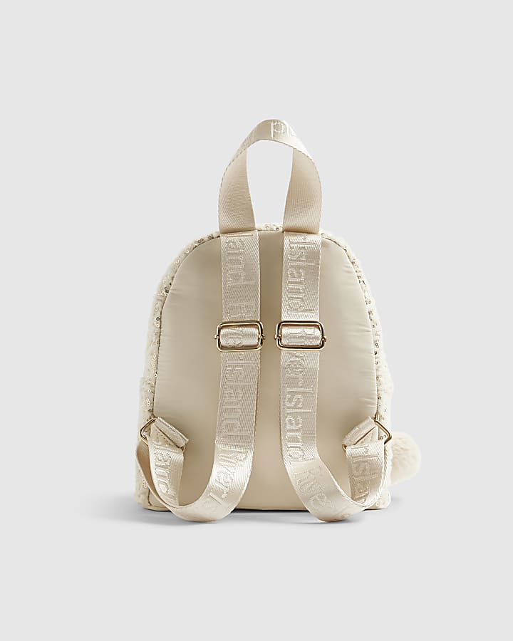 Girls Cream Borg Sequin Backpack