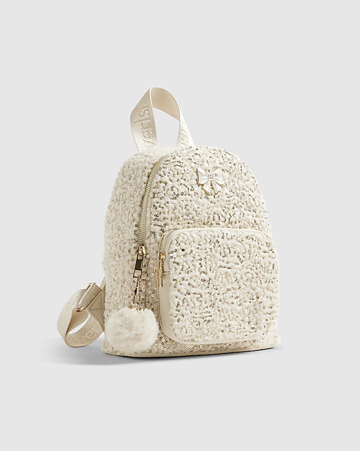 Girls Cream Borg Sequin Backpack