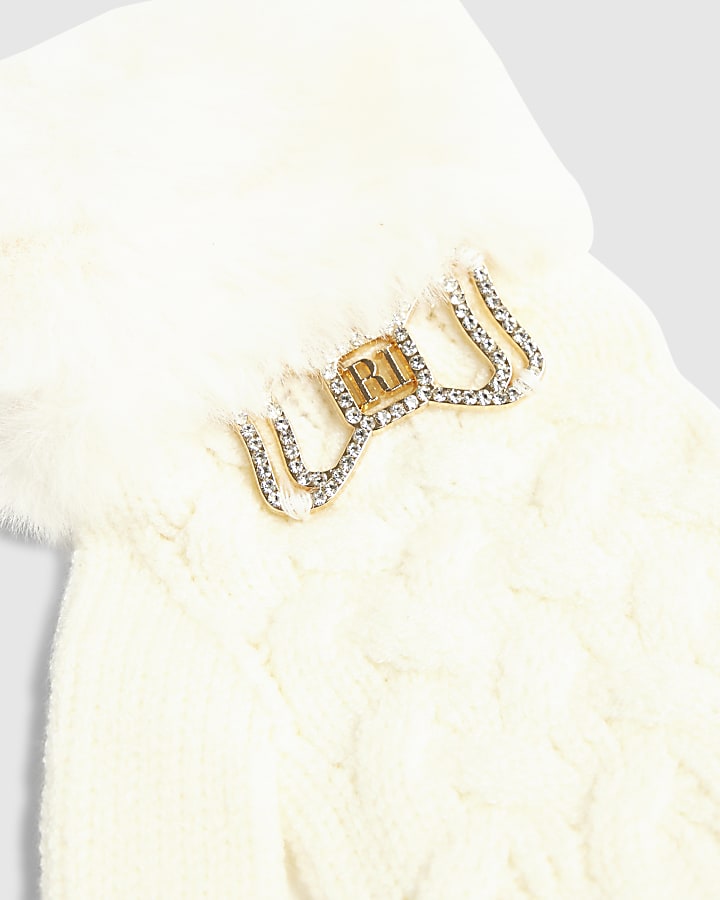 Girls Cream Knitted Fur Bow Gloves
