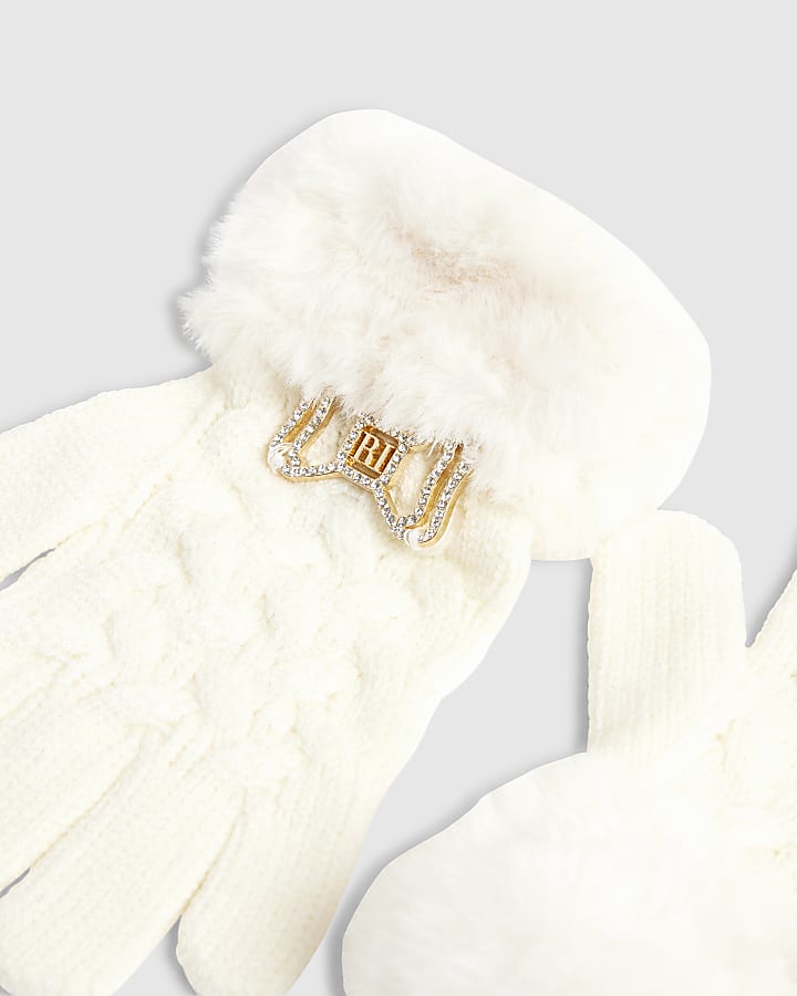 Girls Cream Knitted Fur Bow Gloves