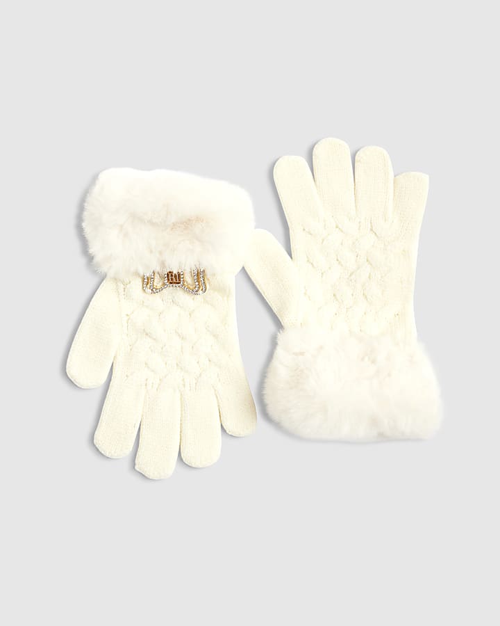 Girls Cream Knitted Fur Bow Gloves