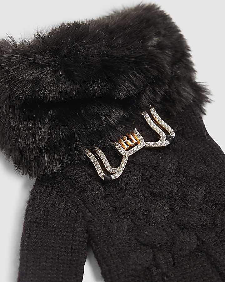 Girls Black Knitted Faux Fur Trim Bow Gloves