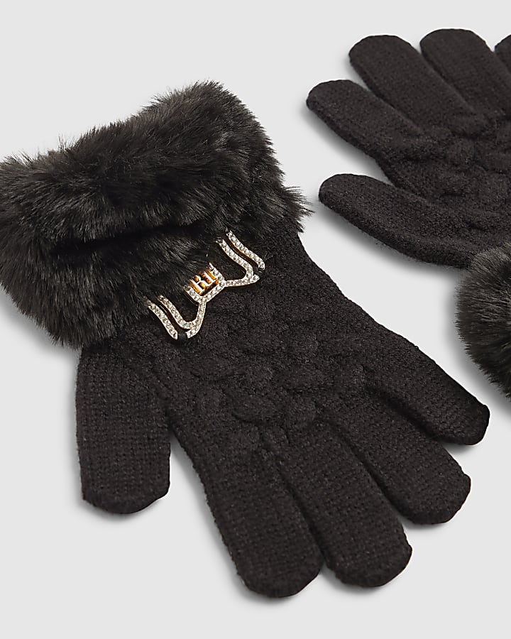 Girls Black Knitted Faux Fur Trim Bow Gloves