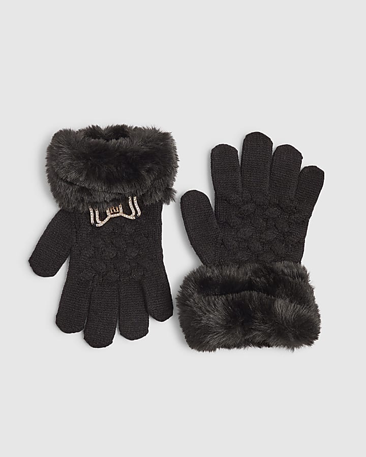 Girls Black Knitted Faux Fur Trim Bow Gloves