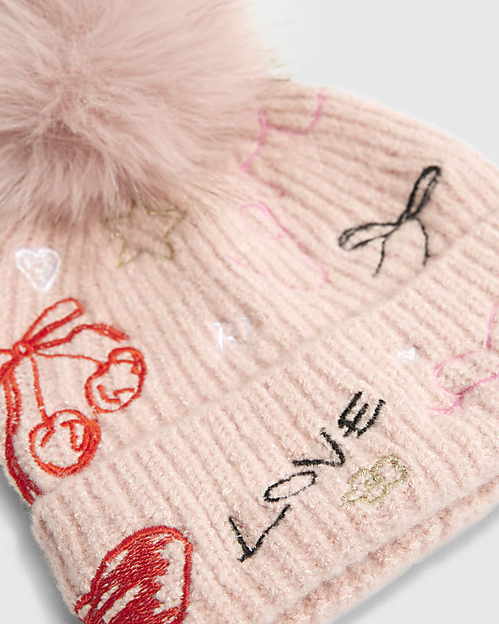 Girls Pink Doodle Pom Beanie Hat
