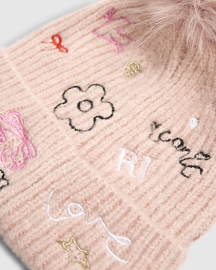 Girls Pink Doodle Pom Beanie Hat