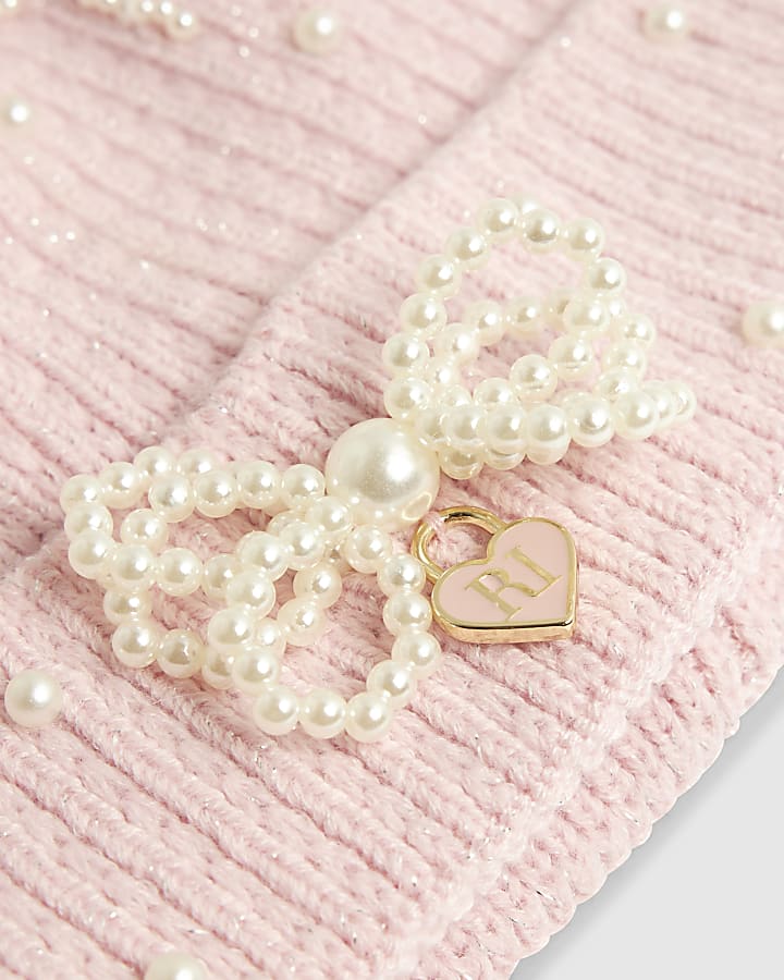 Girls Pink Pearl Bow Beanie Hat
