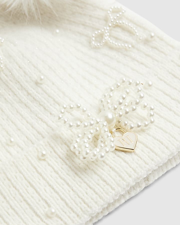 Girls Cream Pearl Bow Beanie Hat
