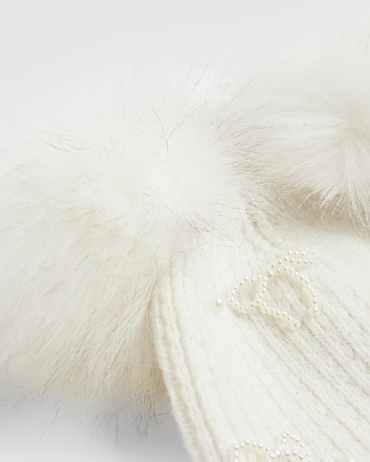 Girls Cream Pearl Bow Beanie Hat