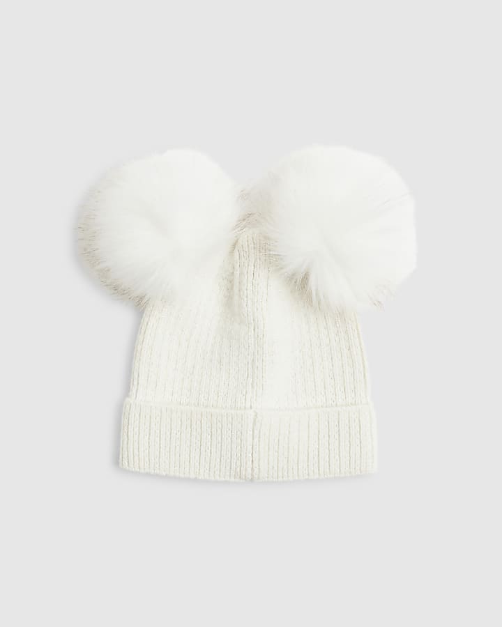 Girls Cream Pearl Bow Beanie Hat