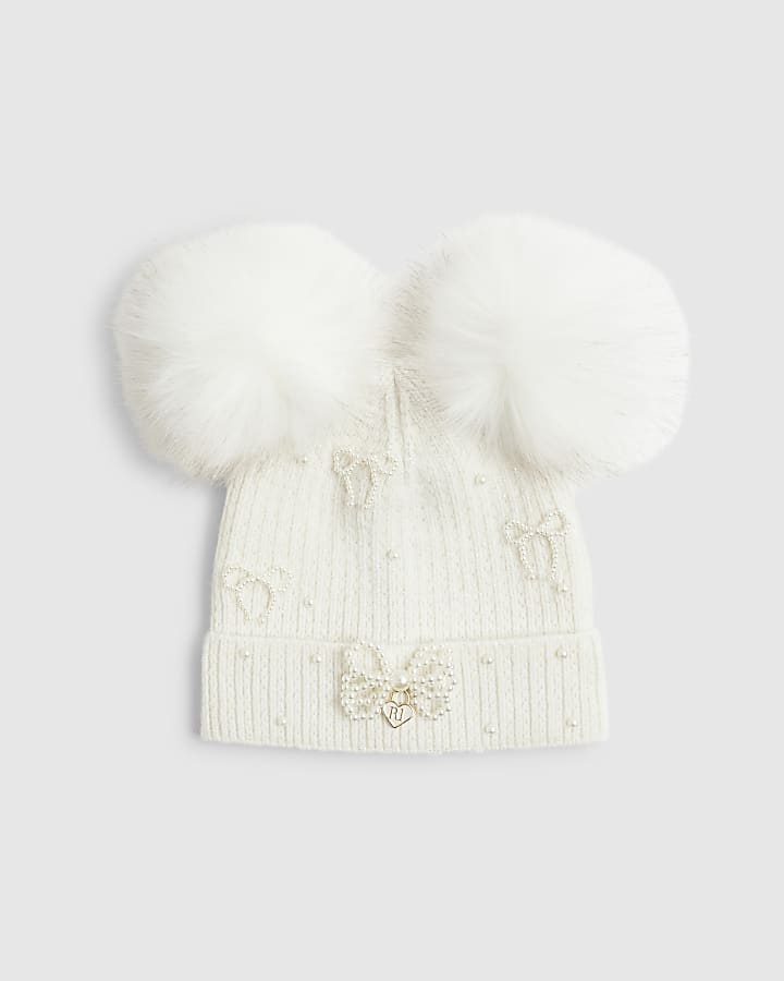 Girls Cream Pearl Bow Beanie Hat