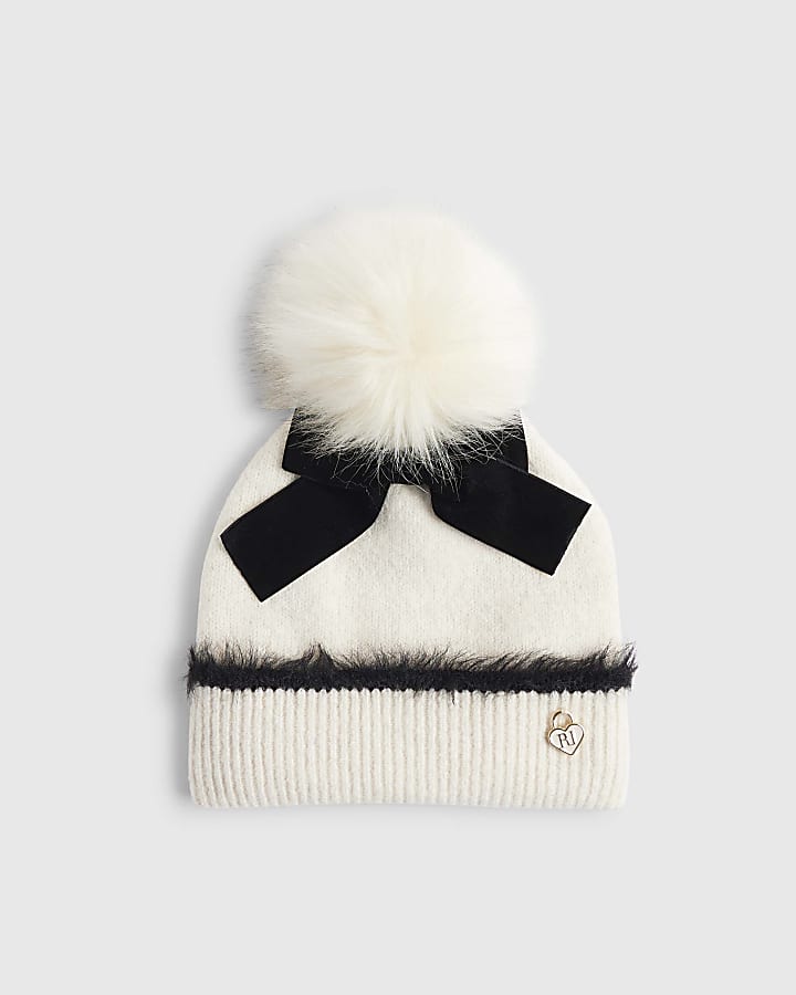 Girls Cream 3D Bow Beanie Hat