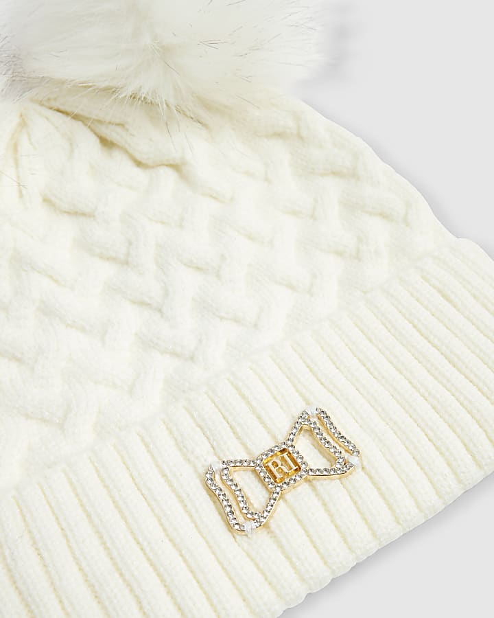 Girls Cream Double Pom Beanie