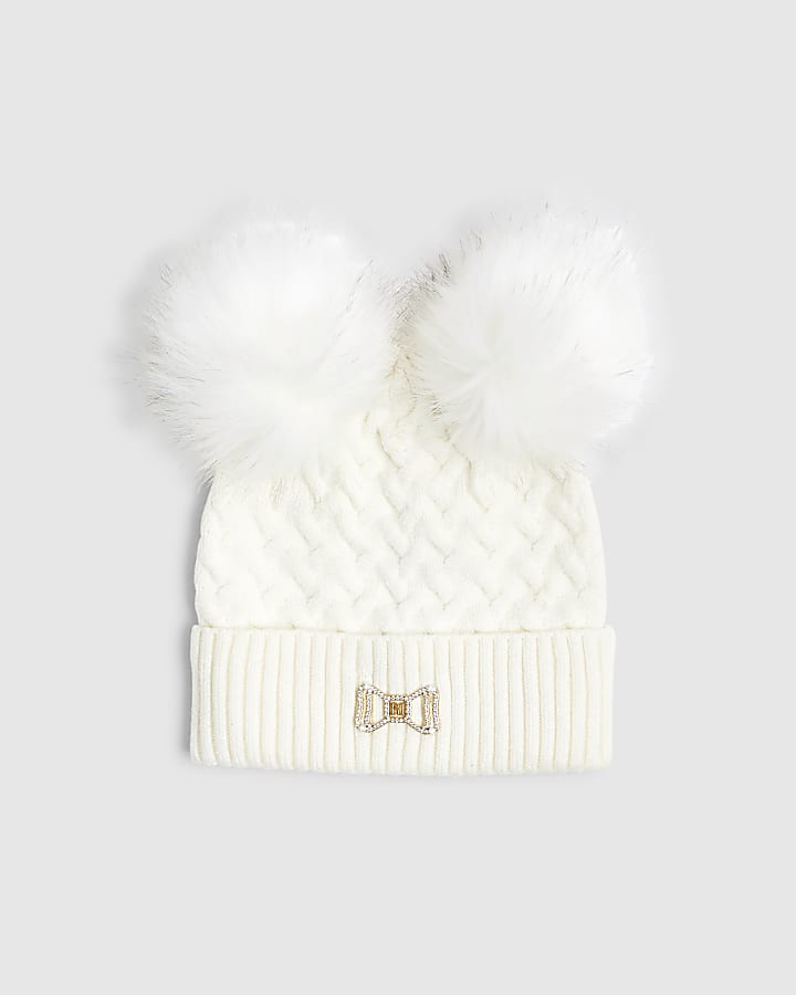 Girls Cream Double Pom Beanie
