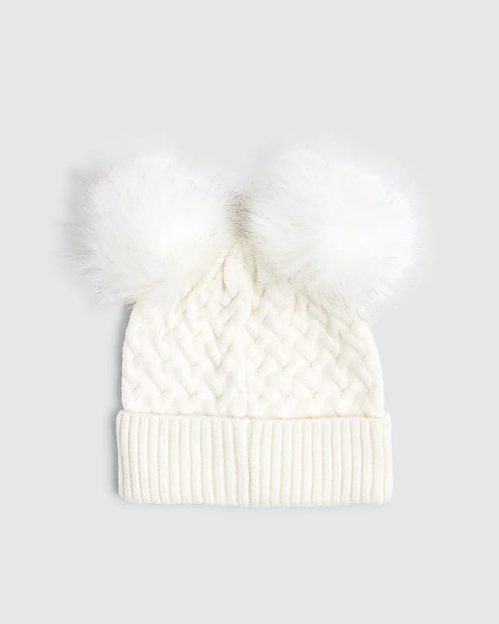 Girls Cream Double Pom Beanie