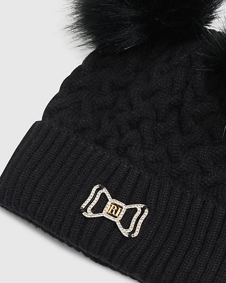 Girls Black Double Pom Beanie