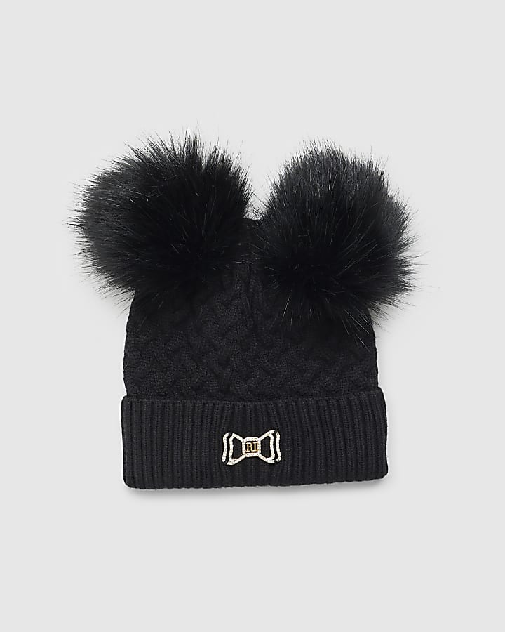 Girls Black Double Pom Beanie