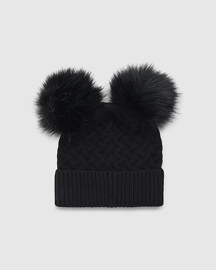 Girls Black Double Pom Beanie