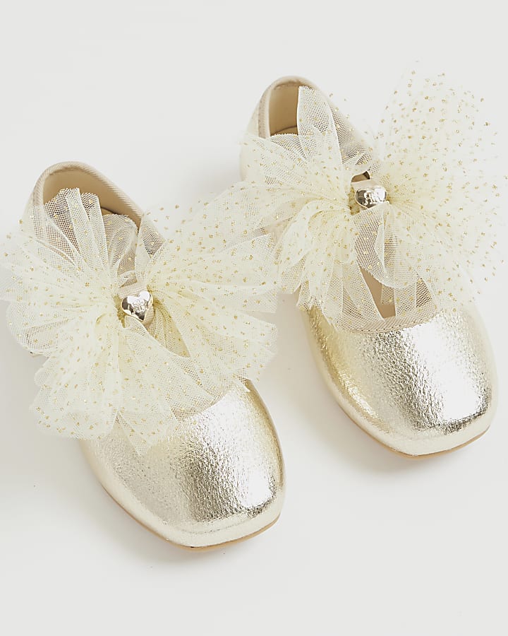 Mini Girls Gold Organza Bow Shoes