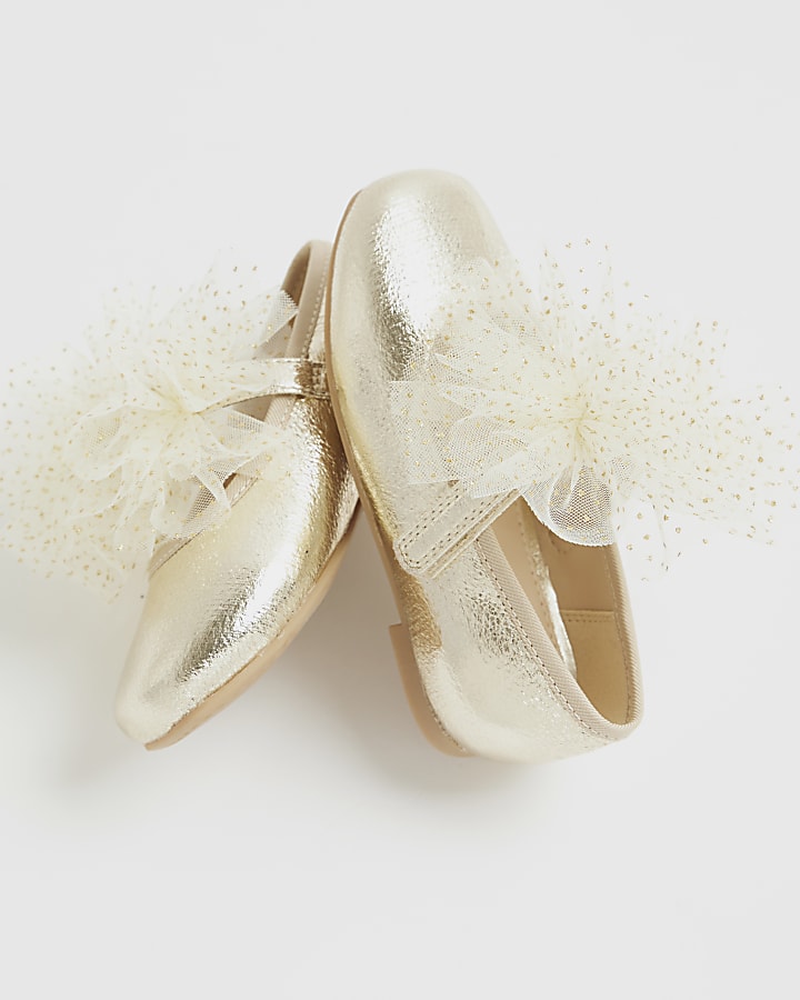 Mini Girls Gold Organza Bow Shoes