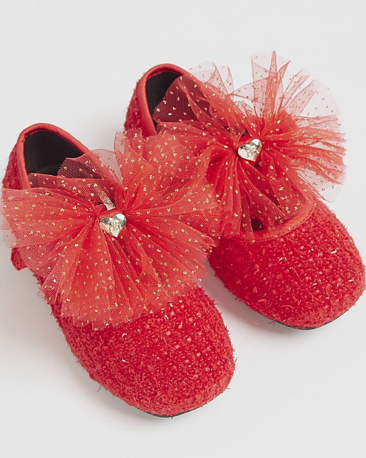Mini Girls Red Organza Bow Shoes