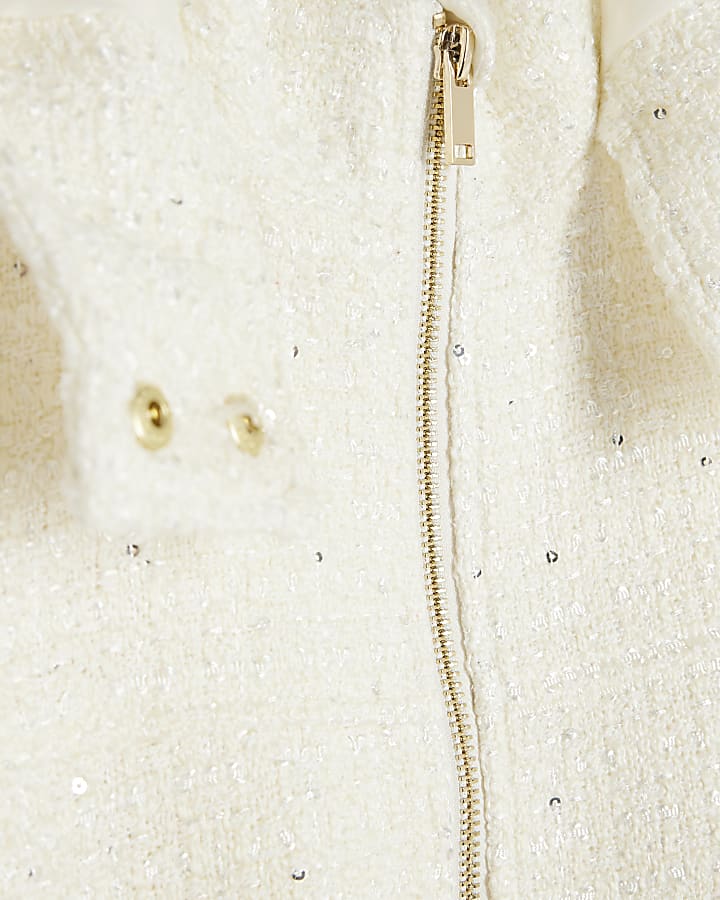 Girls Cream Sequin Boucle Bomber Jacket