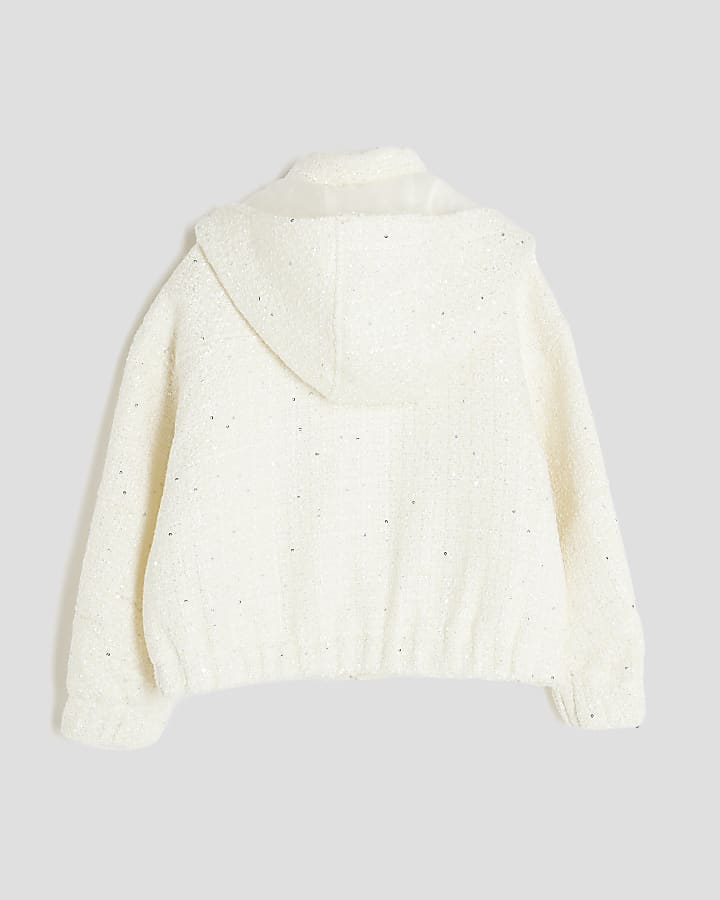 Girls Cream Sequin Boucle Bomber Jacket