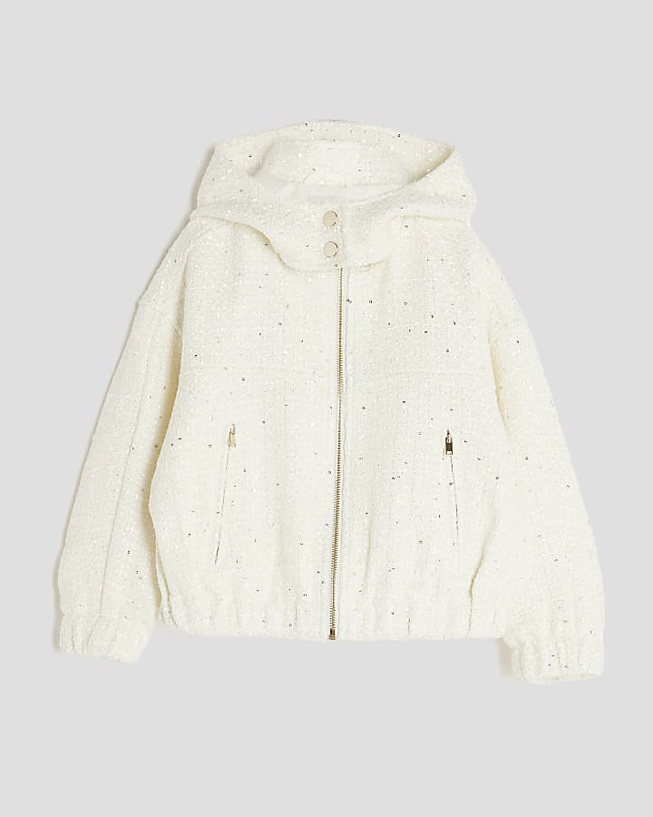 Girls Cream Sequin Boucle Bomber Jacket